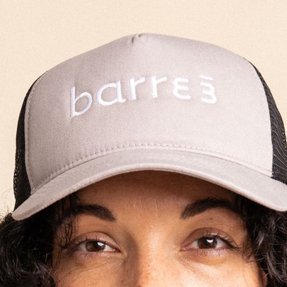 Barre3 grey and black embroidered trucker hat